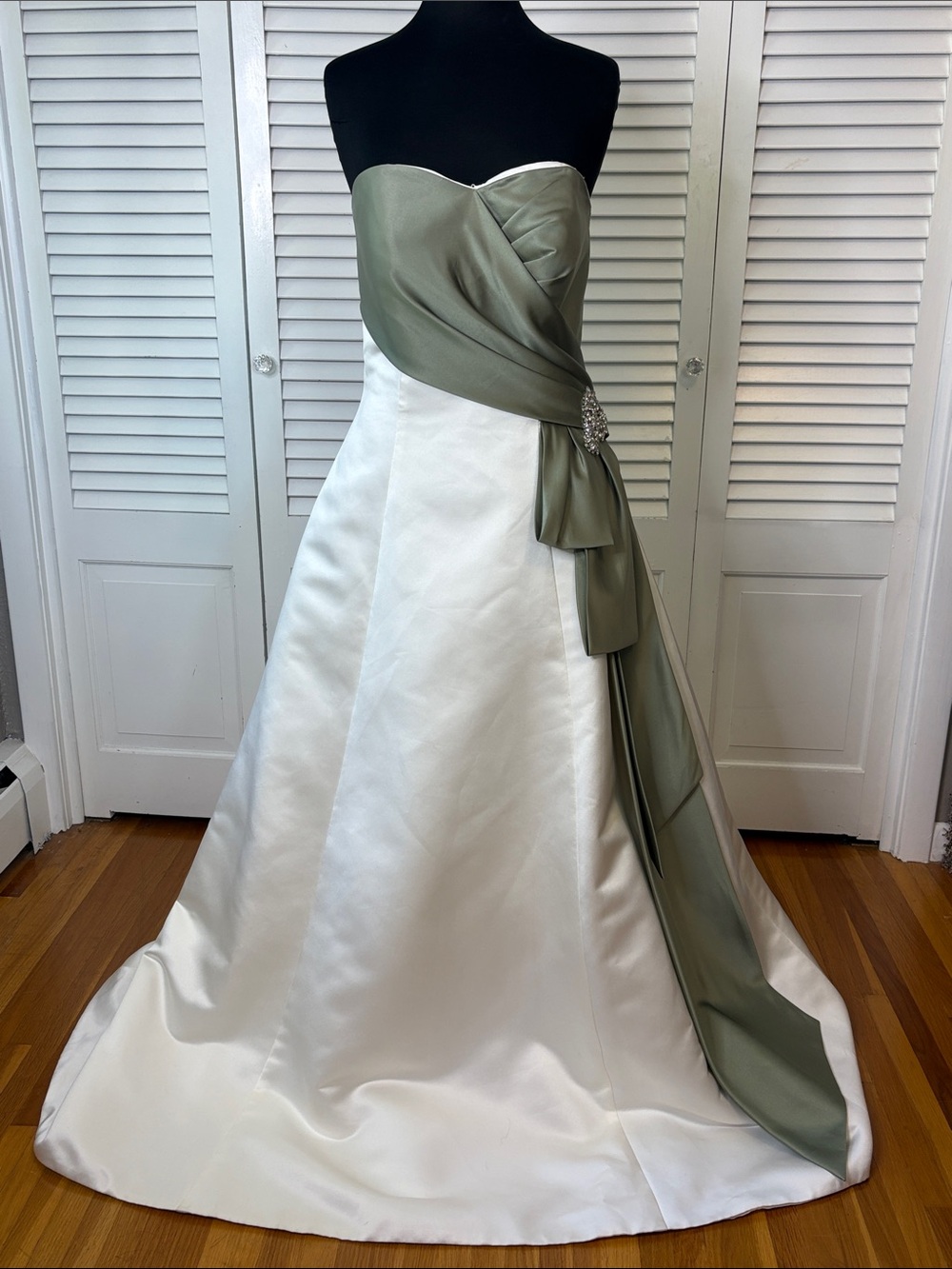 Emerald Bridal Strapless White Satin Gown with Sage Draped Bodice and Full Train